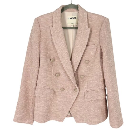 L'Agence Kenzie Pink Tweed Double Breasted Textured Blazer - Picture 2 of 7
